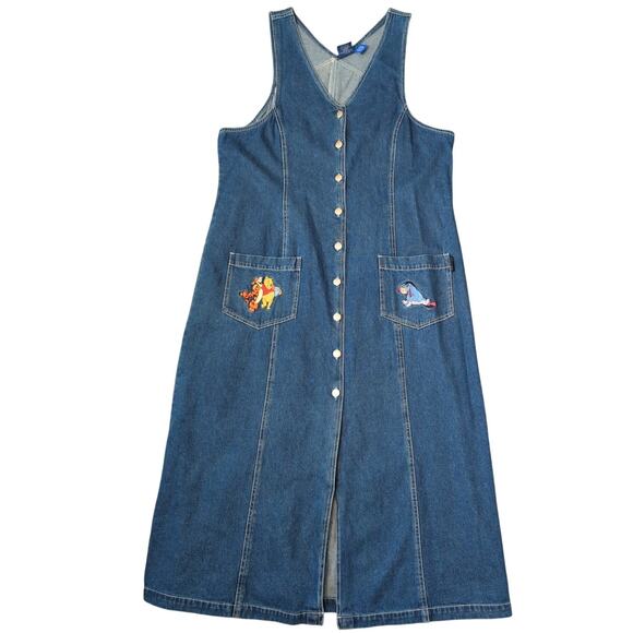 Vintage 90s Disney Pooh Denim Jumper Maxi Dress 16W Long Modest Teacher Eeyore - Picture 1 of 10